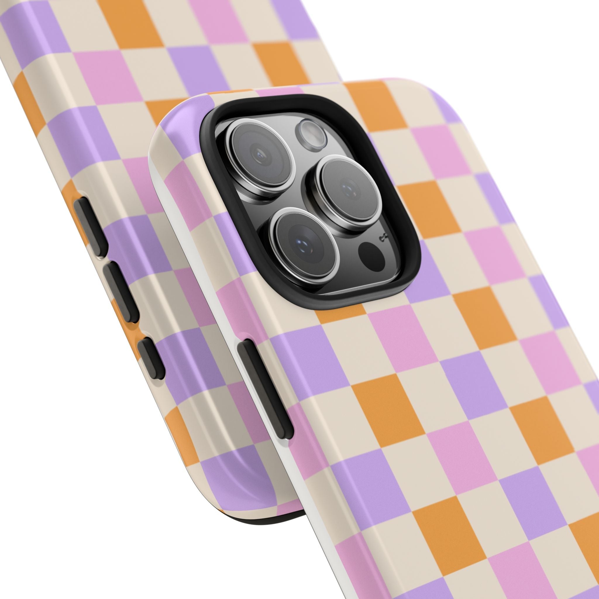 Vintage gingham phone case, angled view, purple, orange, and cream checker pattern