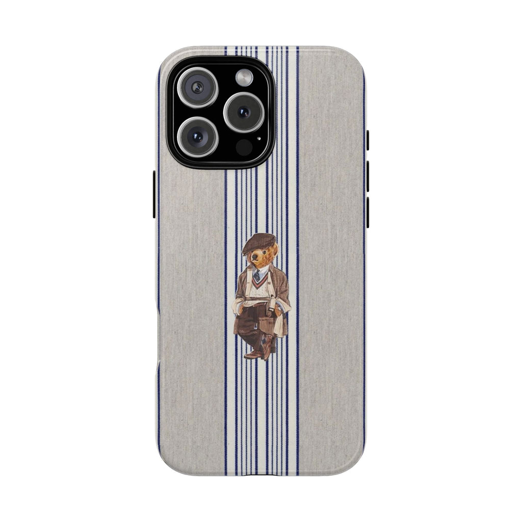 Vintage gray striped case with blue vertical lines and teddy bear in suit, phone cover