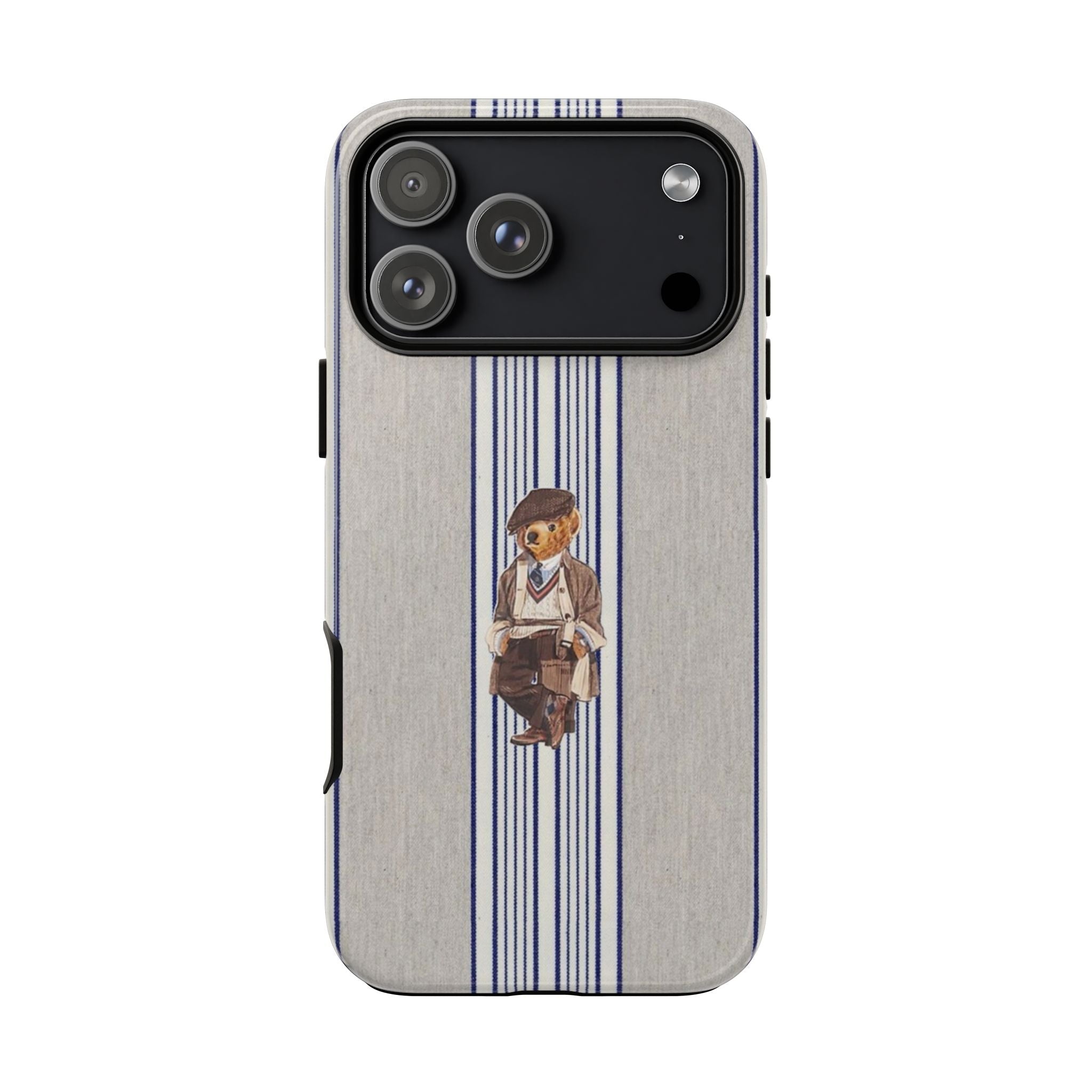 Gray phone case with blue vertical stripes and small teddy bear character, rear camera cover