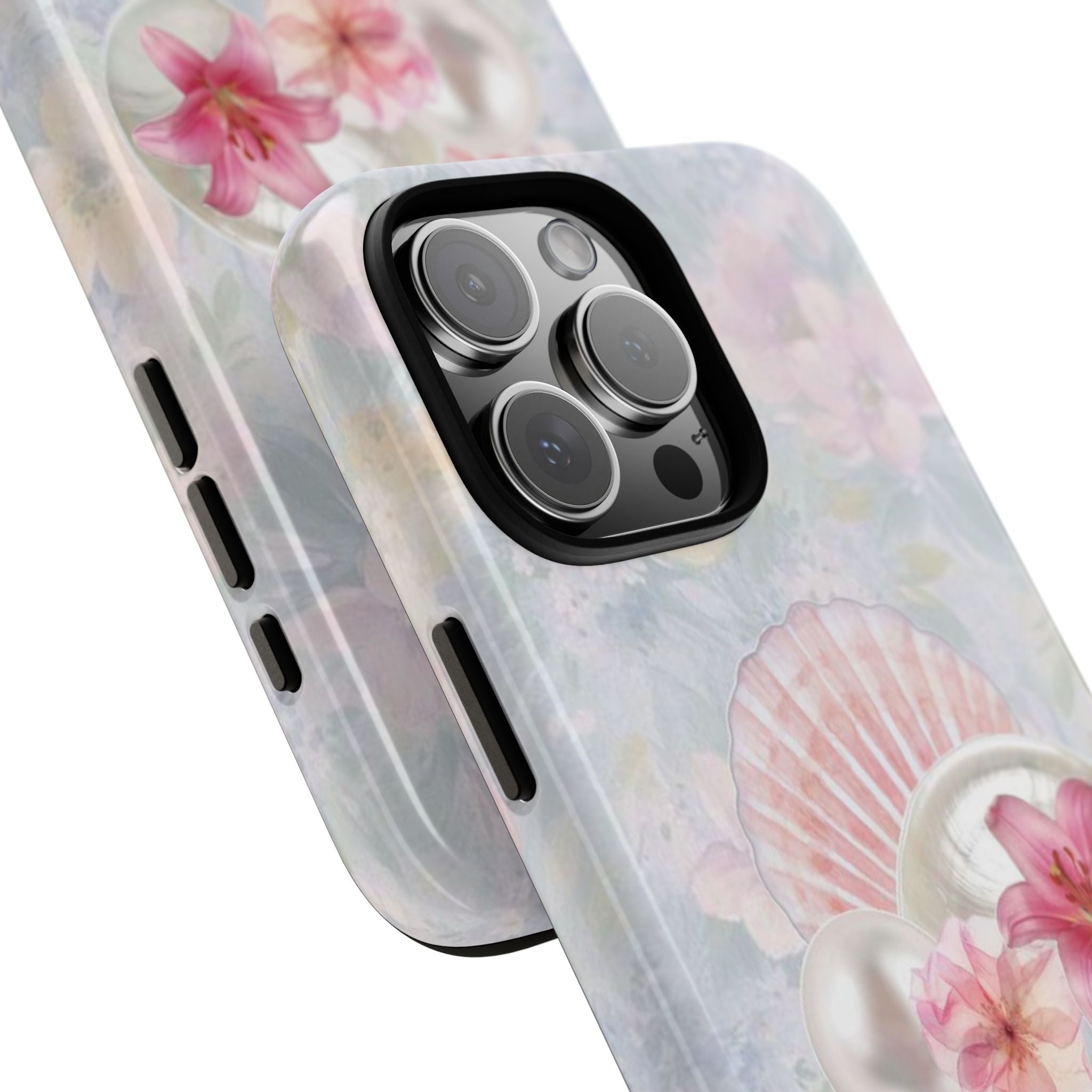 Pastel floral phone case back with pink seashell pearl motif; camera cutouts