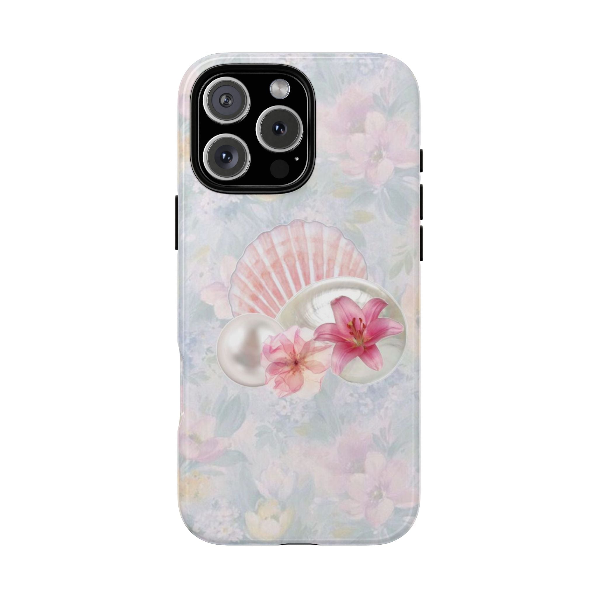 Pastel floral phone case with pink seashell pearl and lily flowers