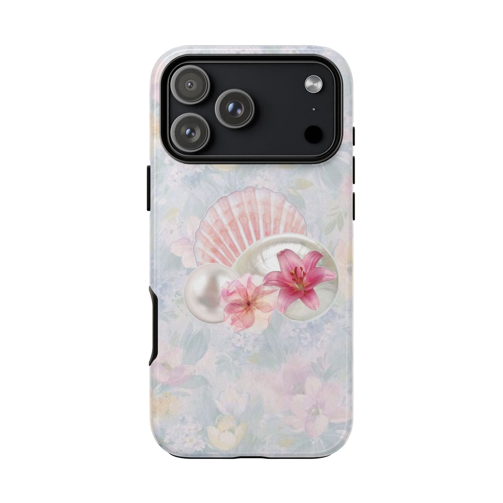 Pastel floral phone case with pink seashell pearl motif and lily flowers, clear edges