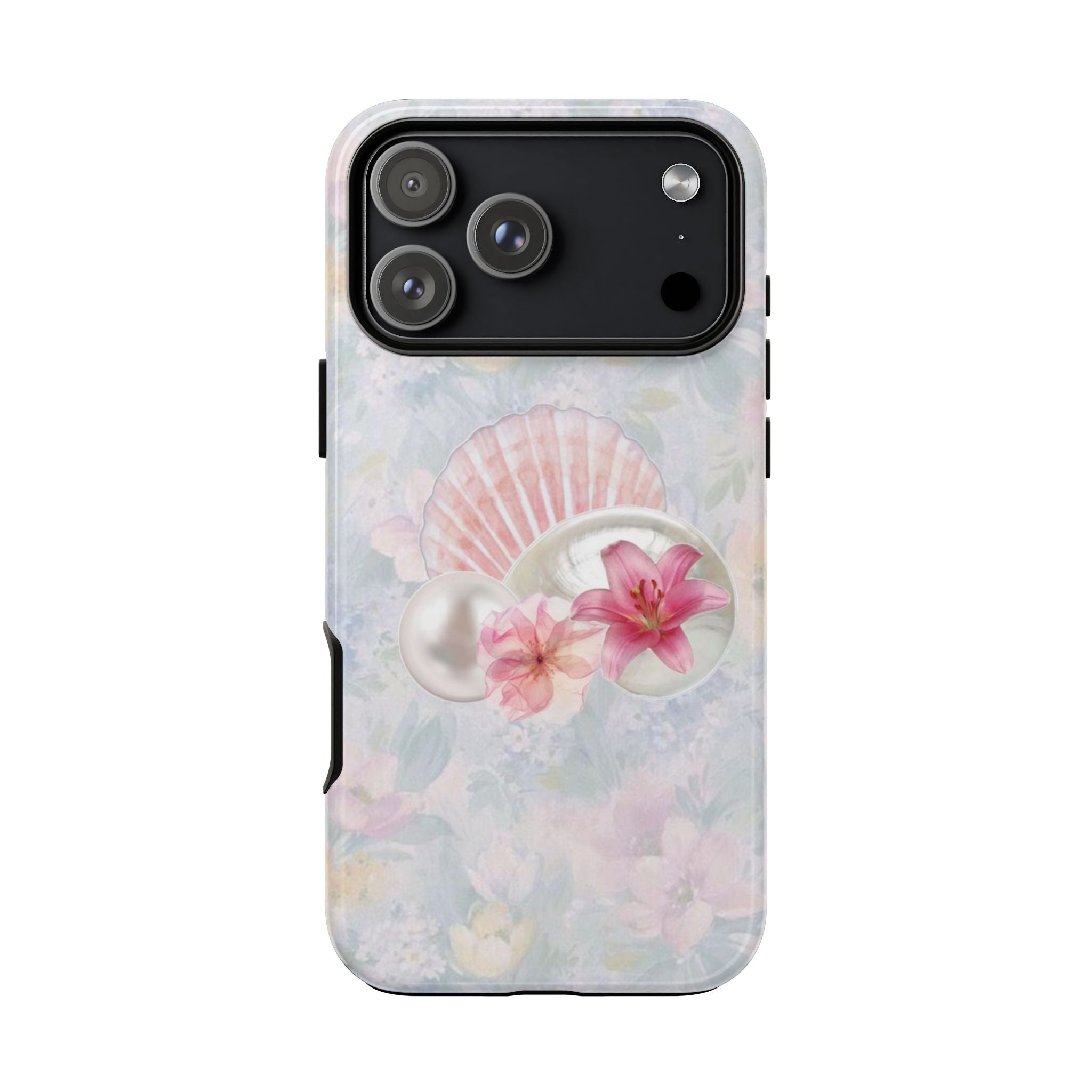 Pastel floral phone case with pink seashell pearl motif and lily flowers, clear edges