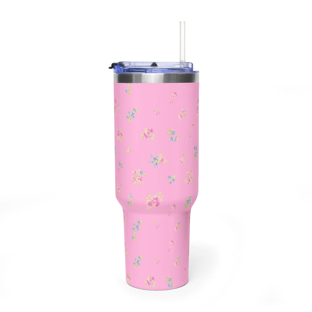 Pink floral 40oz stainless steel tumbler with straw lid, vertical floral pattern