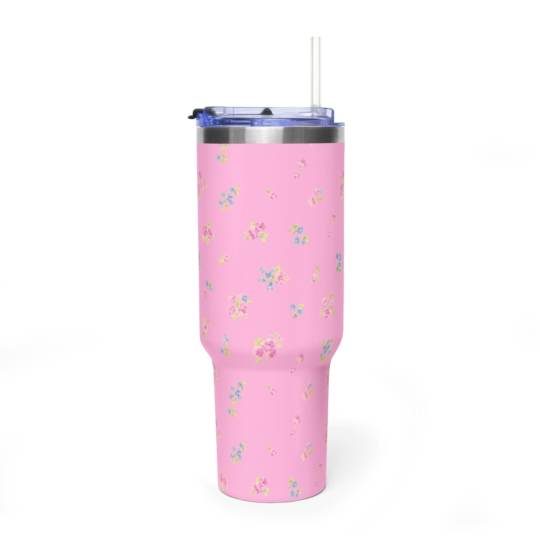 Pink floral 40oz stainless steel tumbler with straw lid, vertical floral pattern