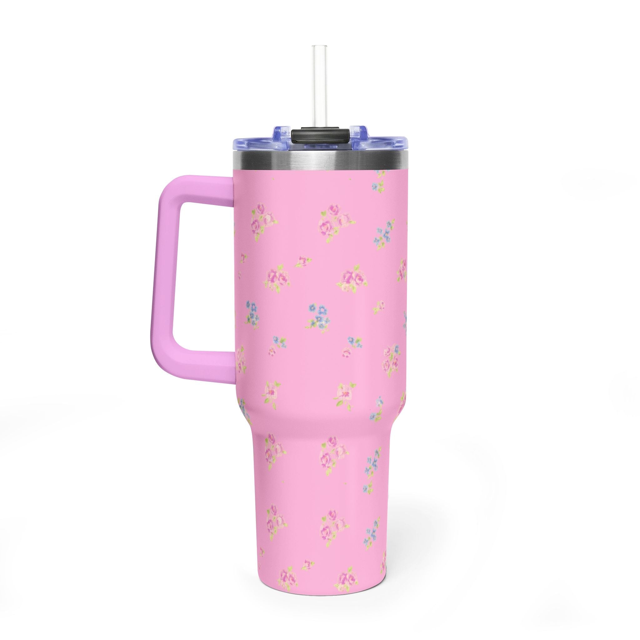 Pink floral 40oz tumbler with straw lid and large side handle, stainless steel body