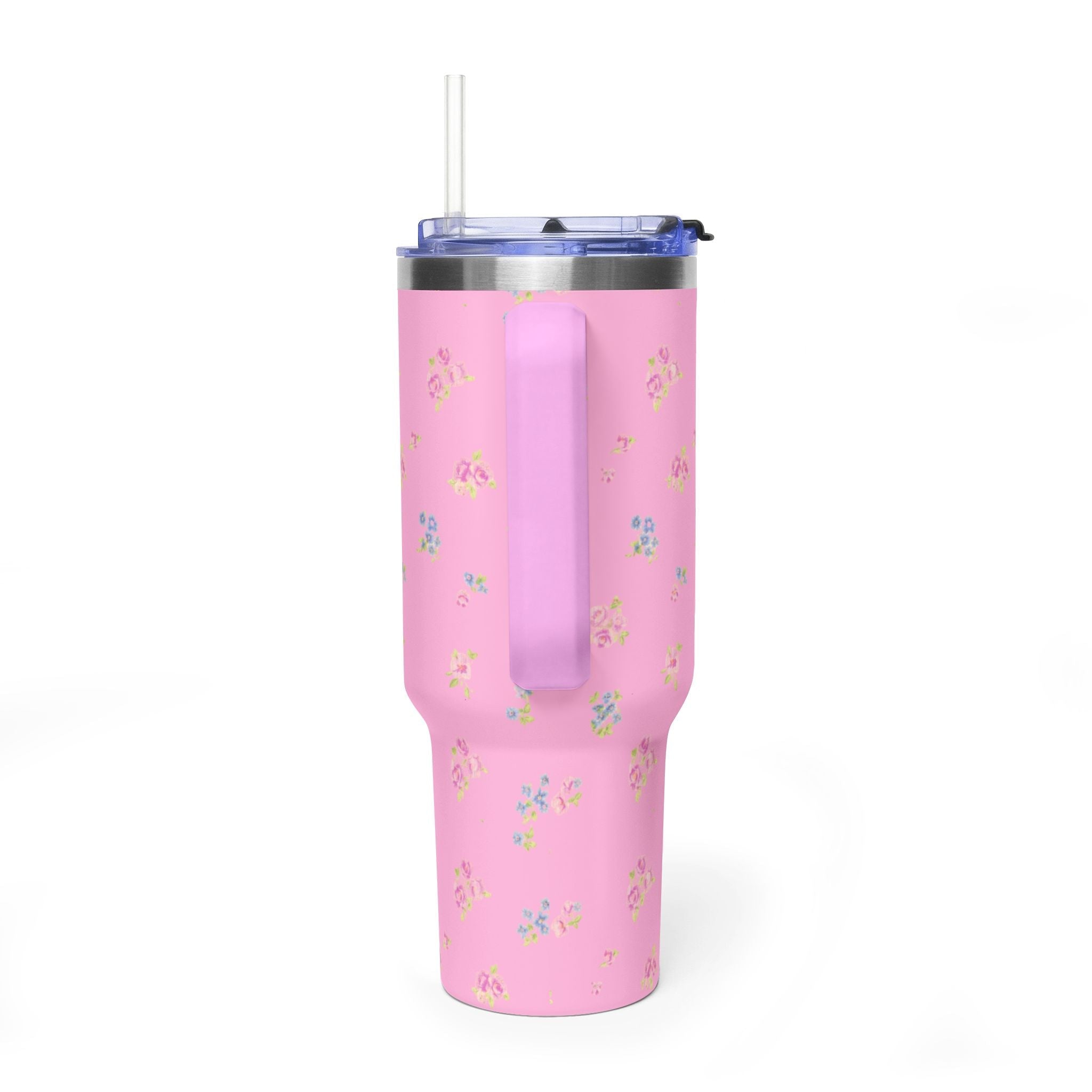 Pink floral 40oz stainless steel tumbler with straw lid and clear back panel