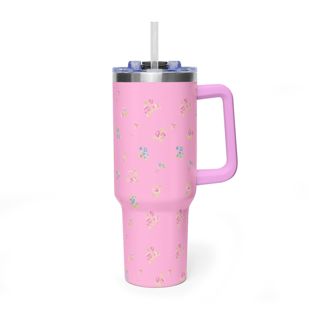 Vintage pink floral 40oz tumbler with straw lid and side handle, stainless steel