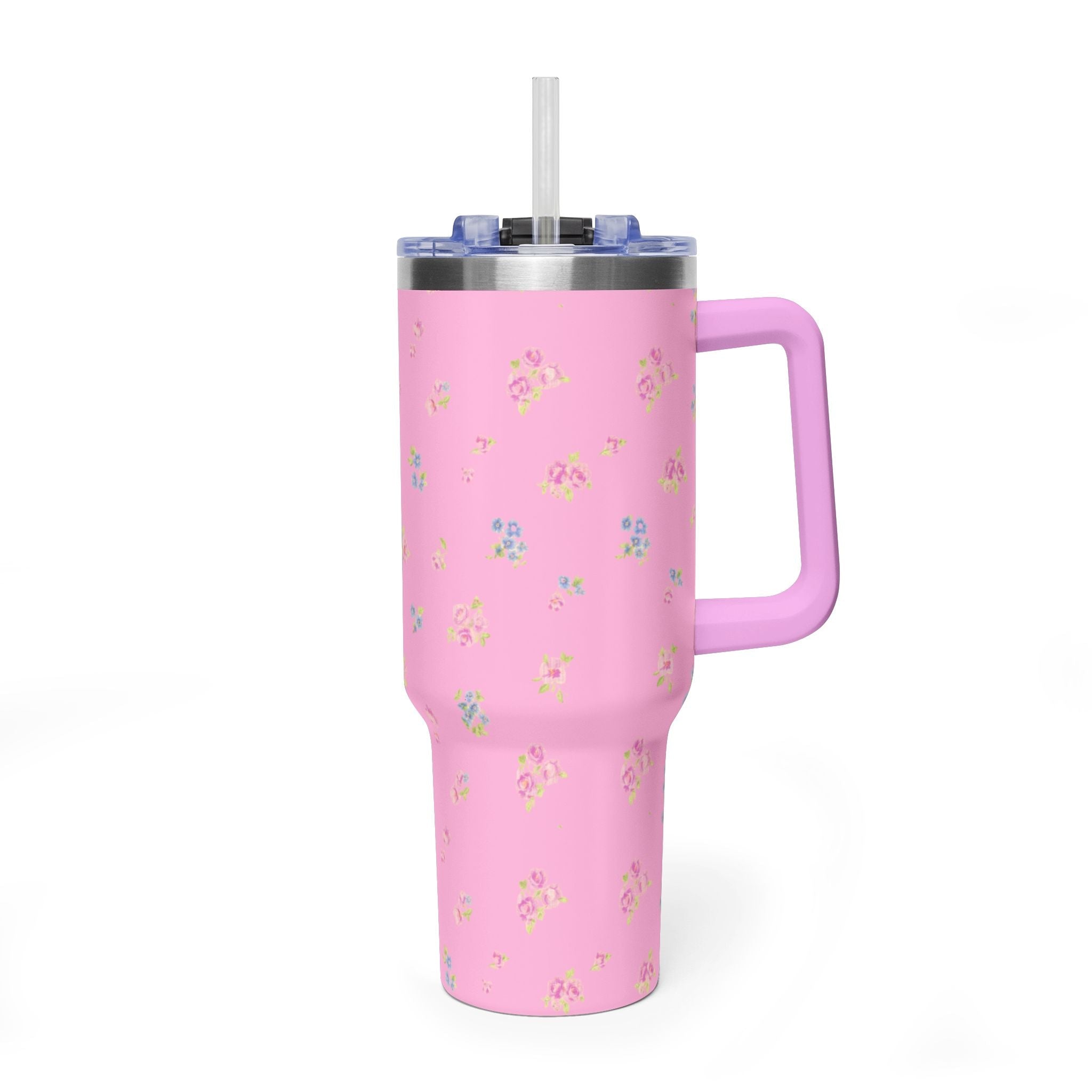 Vintage pink floral 40oz tumbler with straw lid and side handle, stainless steel