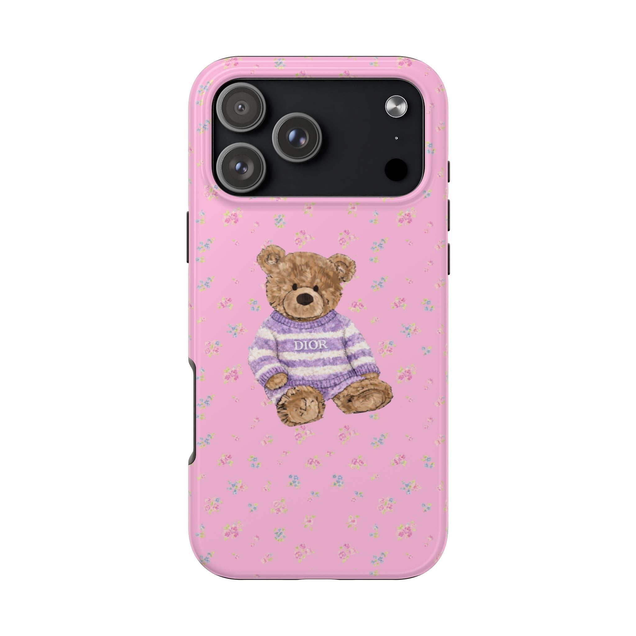 Pink floral phone case with teddy bear wearing purple striped sweater