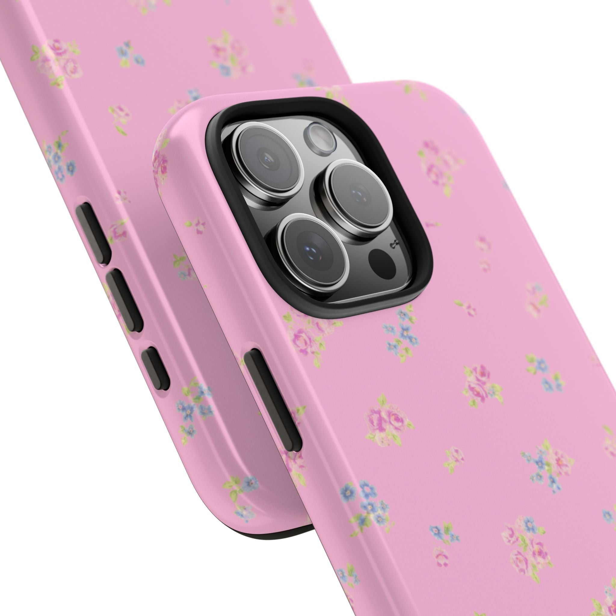 Pink vintage floral phone case with camera lenses and side button cutouts