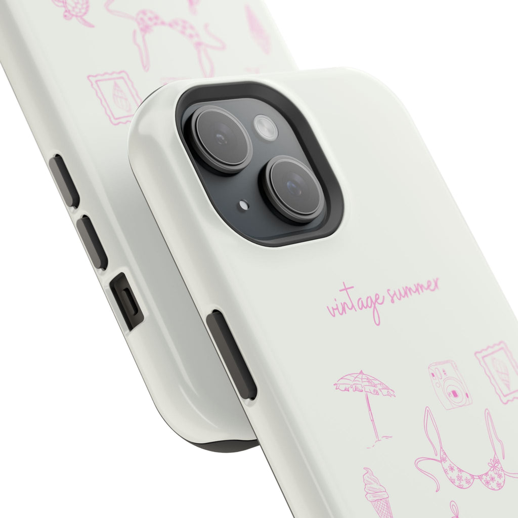 Angled cream phone case with vintage pink summer bikini graphic, camera lenses and buttons