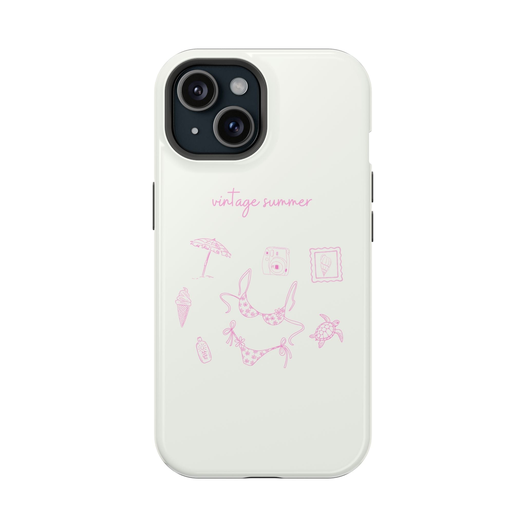 Light cream phone case with vintage pink summer bikini illustrations, camera cutouts