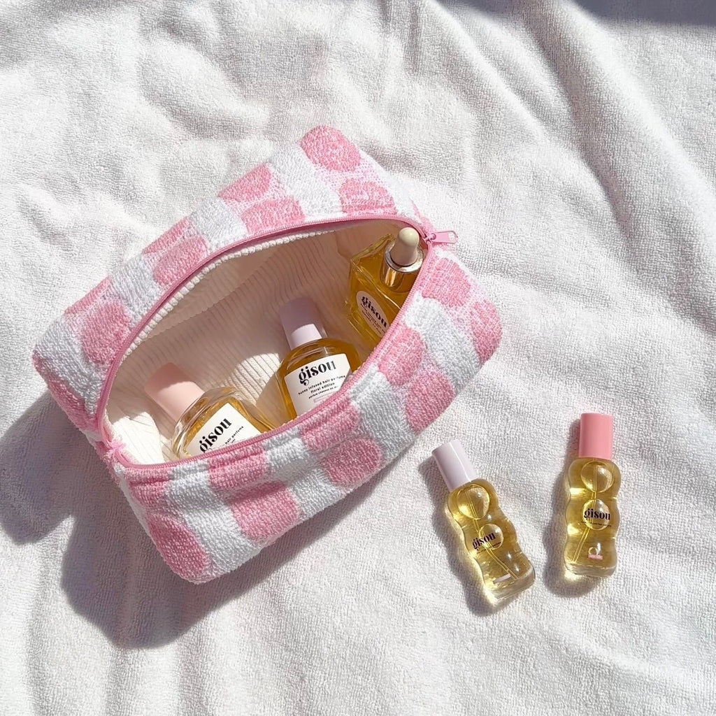 Vintage teddy pink dot makeup pouch, size S, pink-and-white zip-top, open