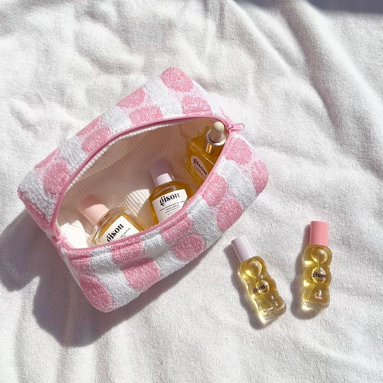 Vintage teddy pink dot makeup pouch, size S, pink-and-white zip-top, open