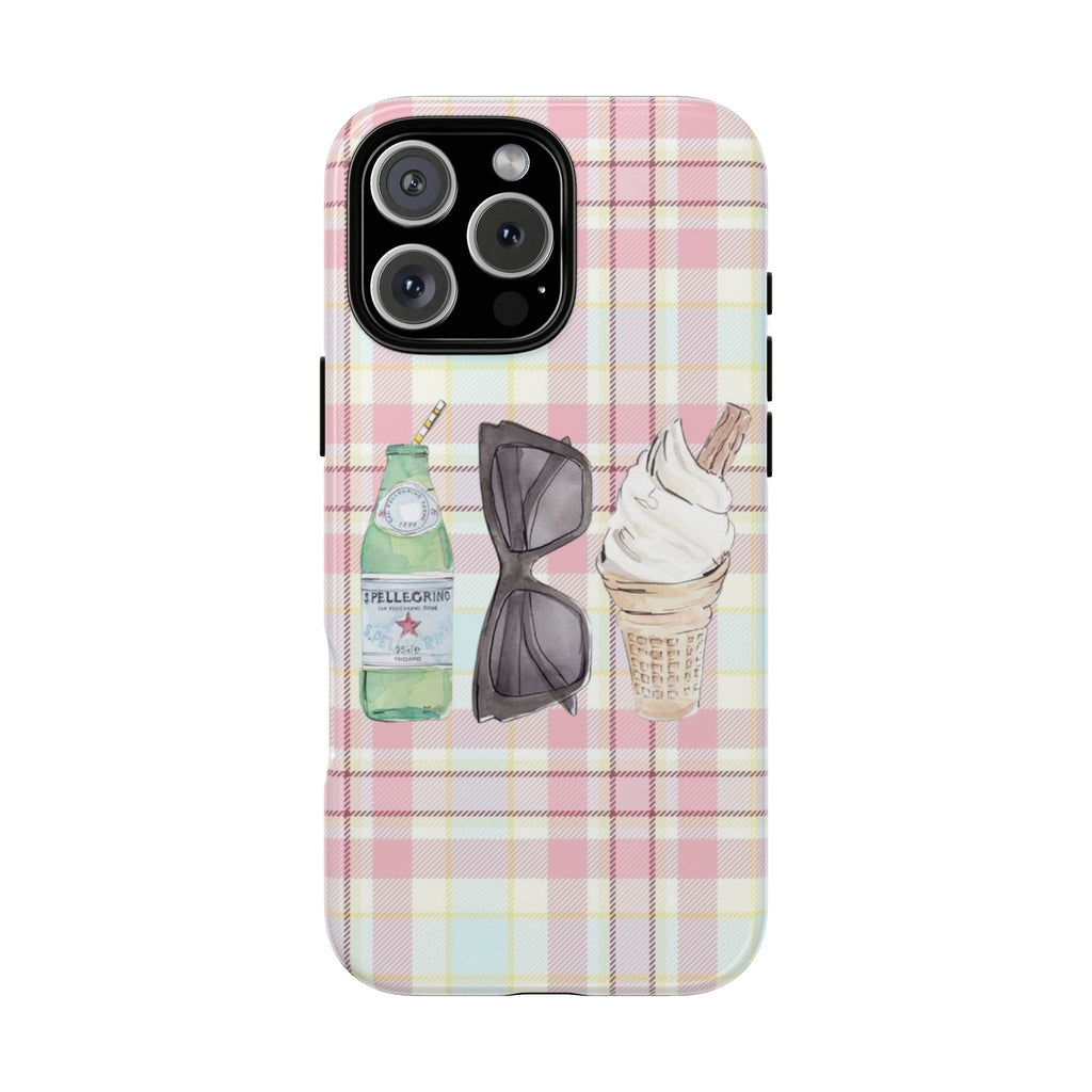 Pink plaid phone case with drink, sunglasses & sneaker graphic; camera cutouts