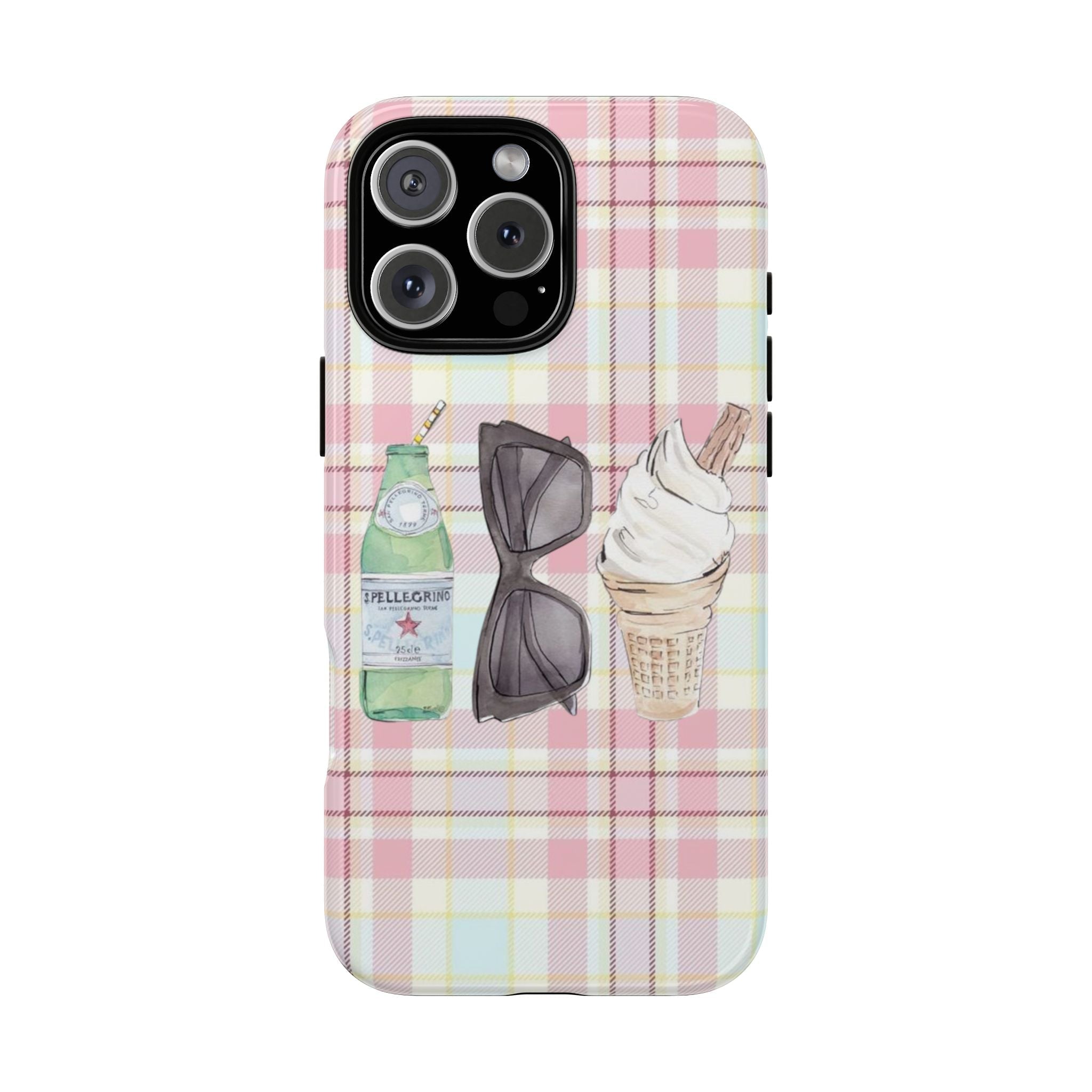 Pink plaid phone case with drink, sunglasses & sneaker graphic; camera cutouts