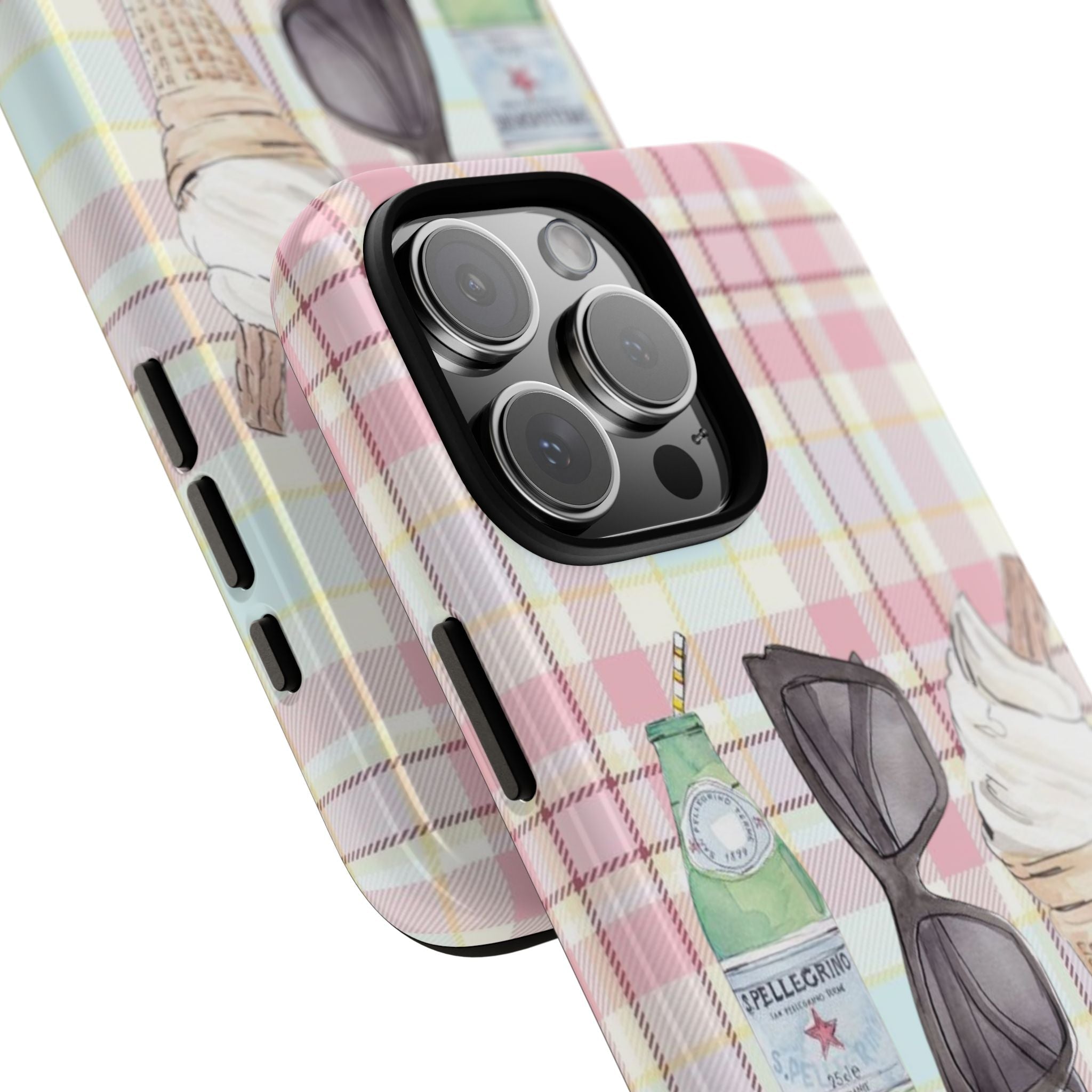 Pink plaid phone case angled; side button openings and drink & sunglasses graphic
