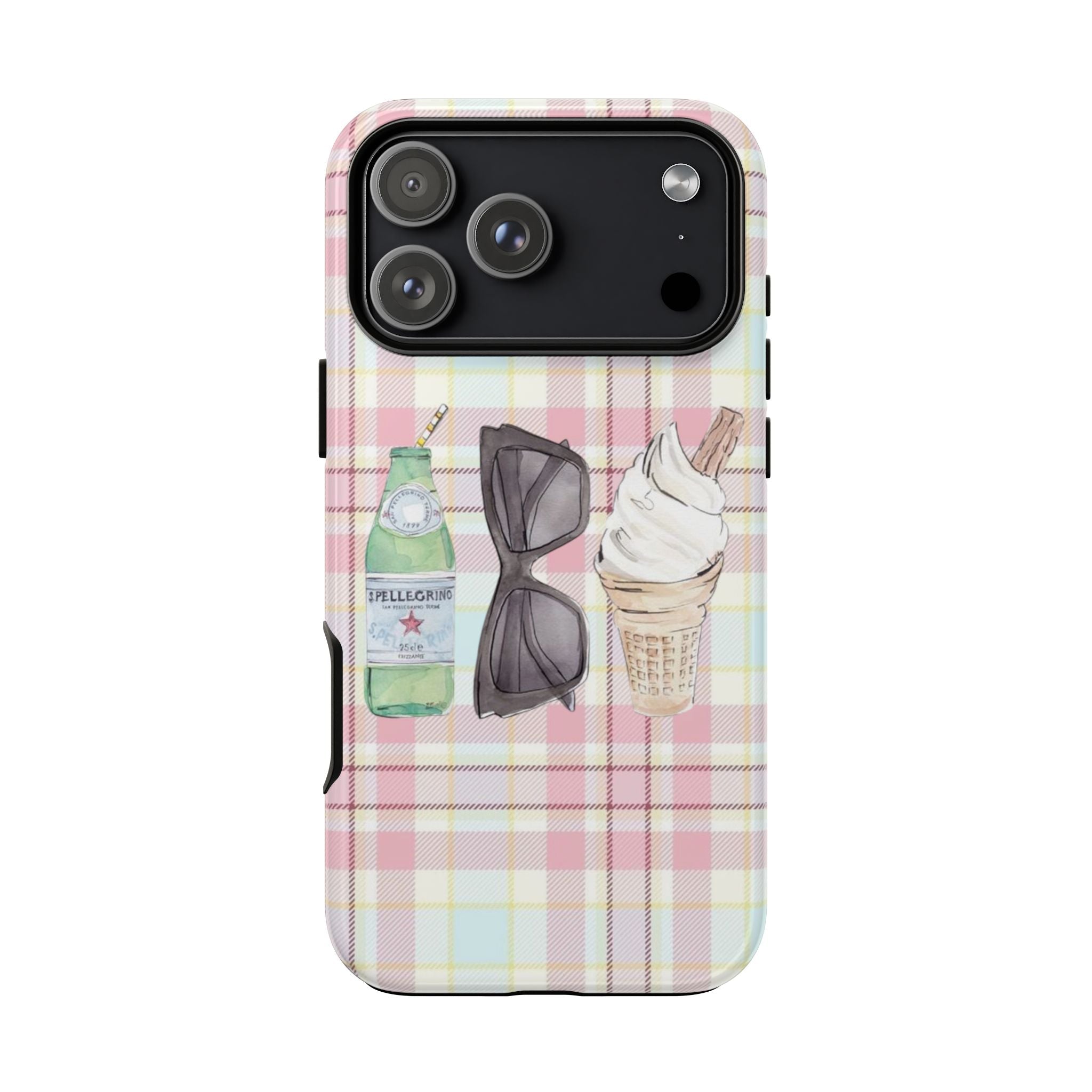 Pink plaid phone case back view with drink, sunglasses, and sneaker graphic