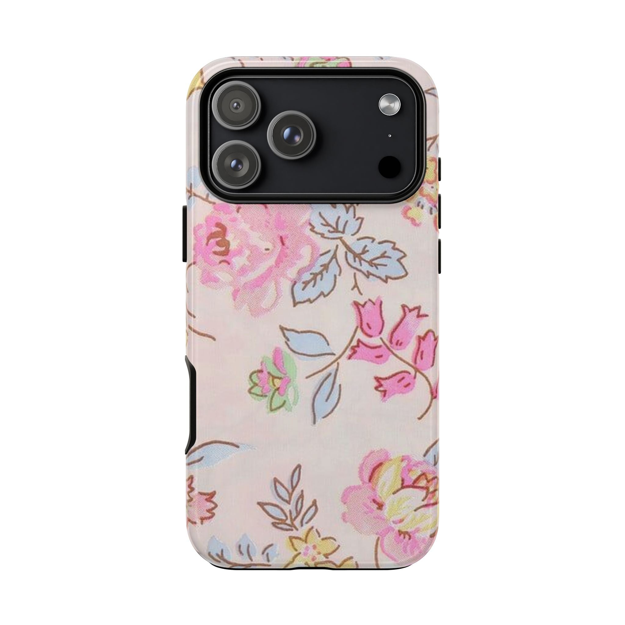 Vintage rose floral phone case showing back camera openings and side button cutouts