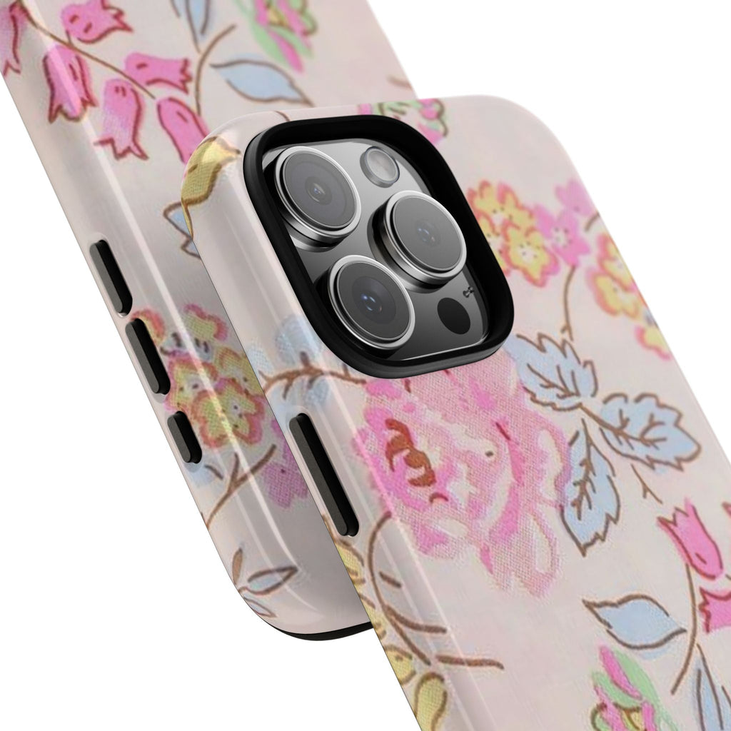 Close-up vintage rose floral phone case corner with camera lens openings and side cutouts