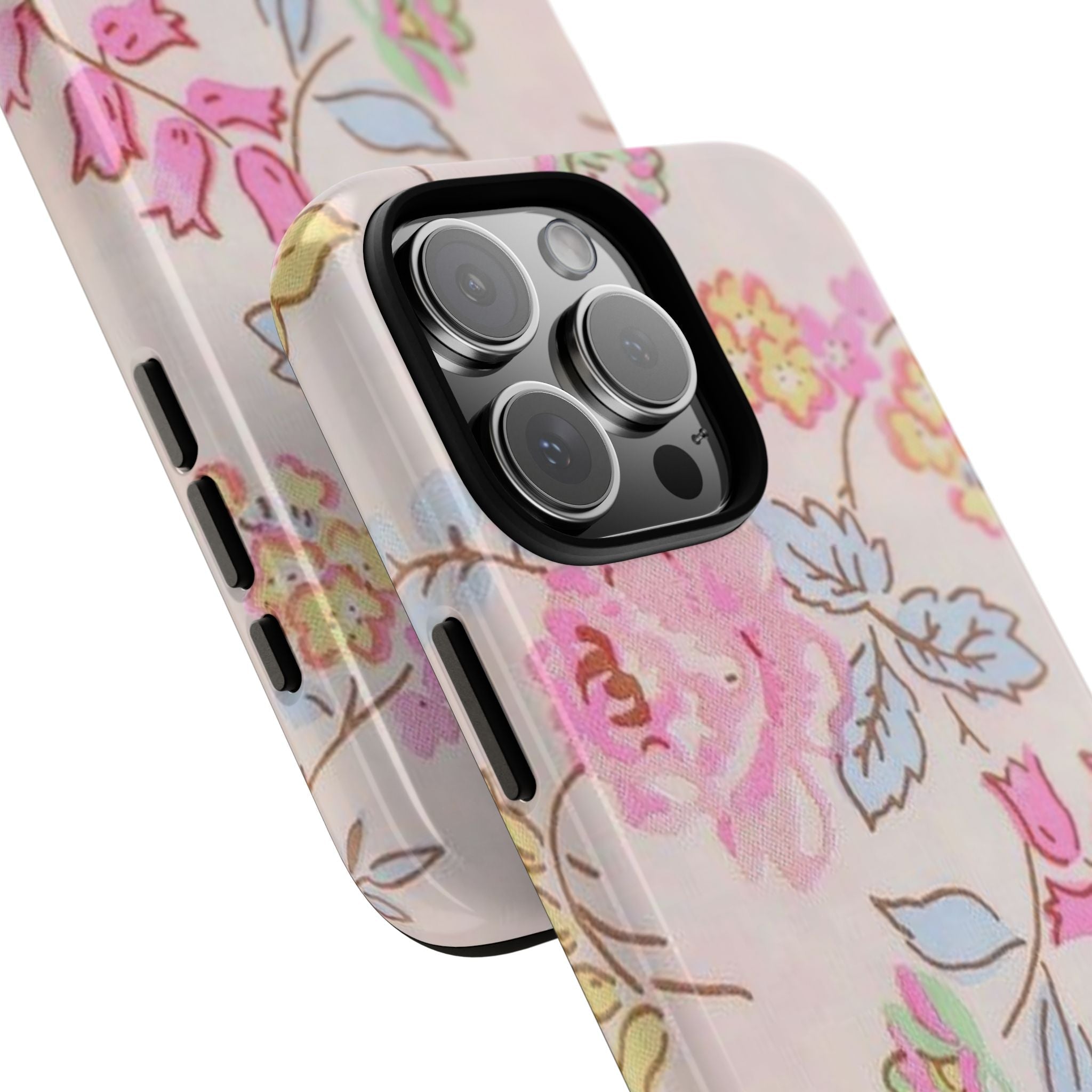 Close-up vintage rose floral phone case corner with camera lens openings and side cutouts