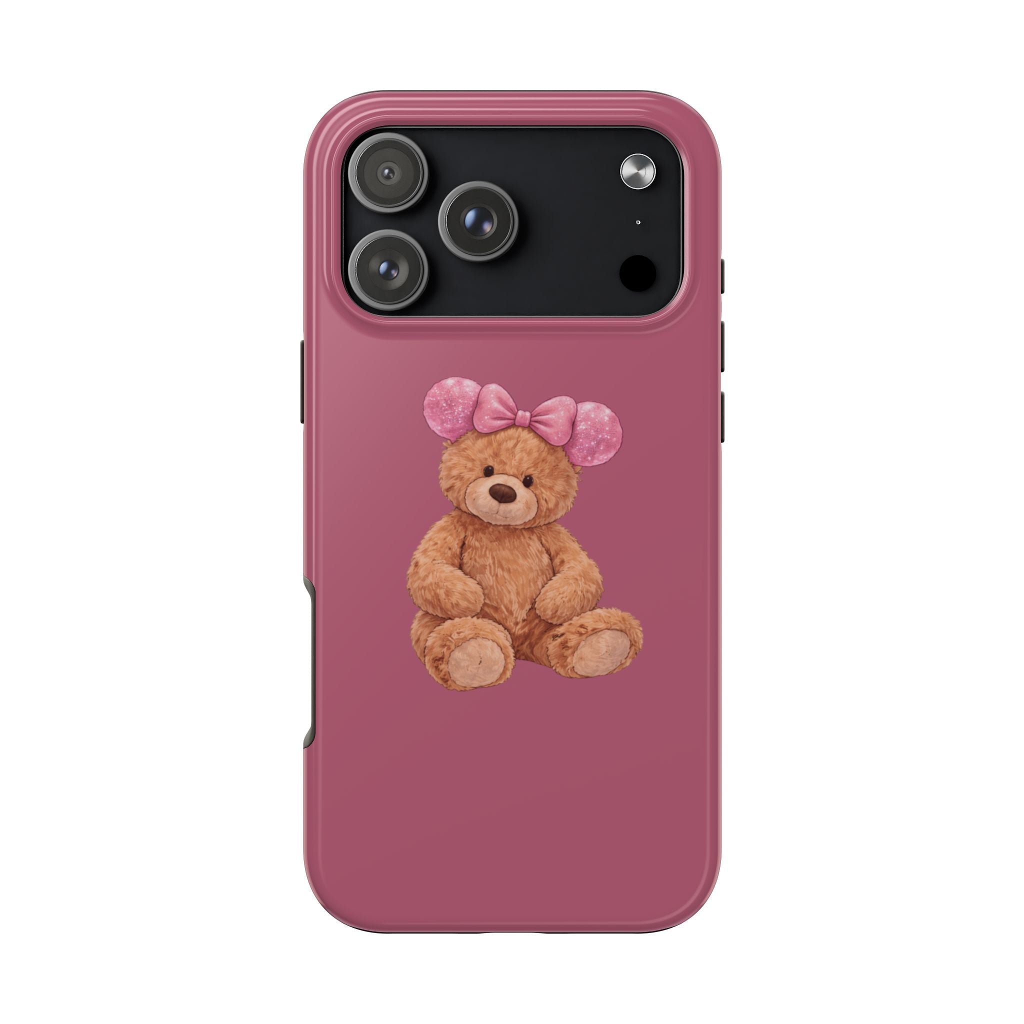 Pink back phone case with teddy bear wearing sparkly pink bow, centered