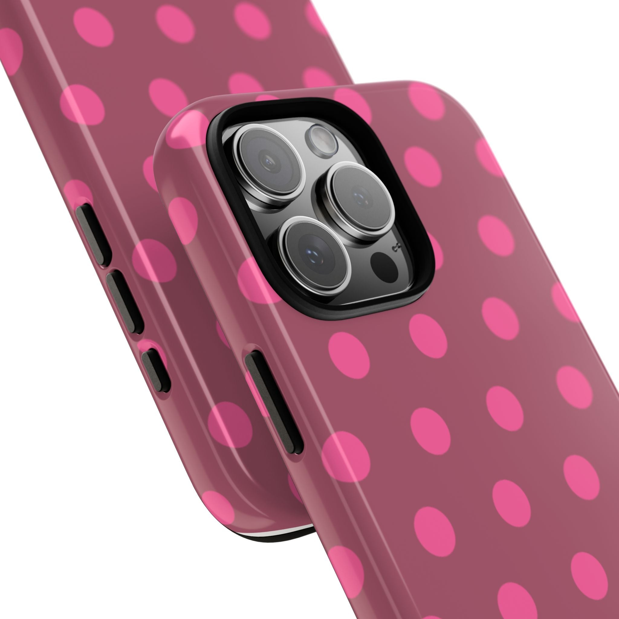 Rose polka dot phone case angled view showing triple camera covers