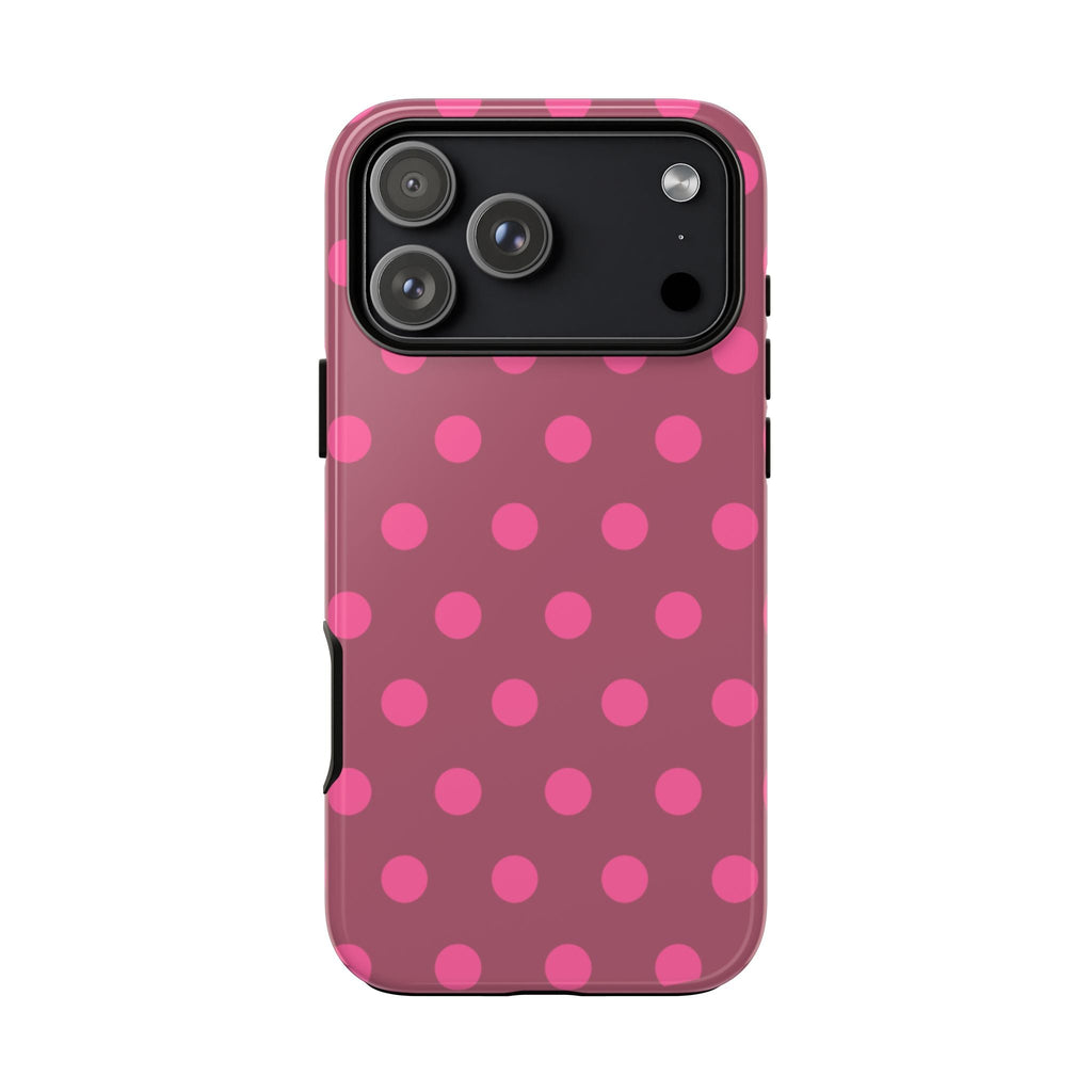 Pink polka dot phone case, black camera module opening on back