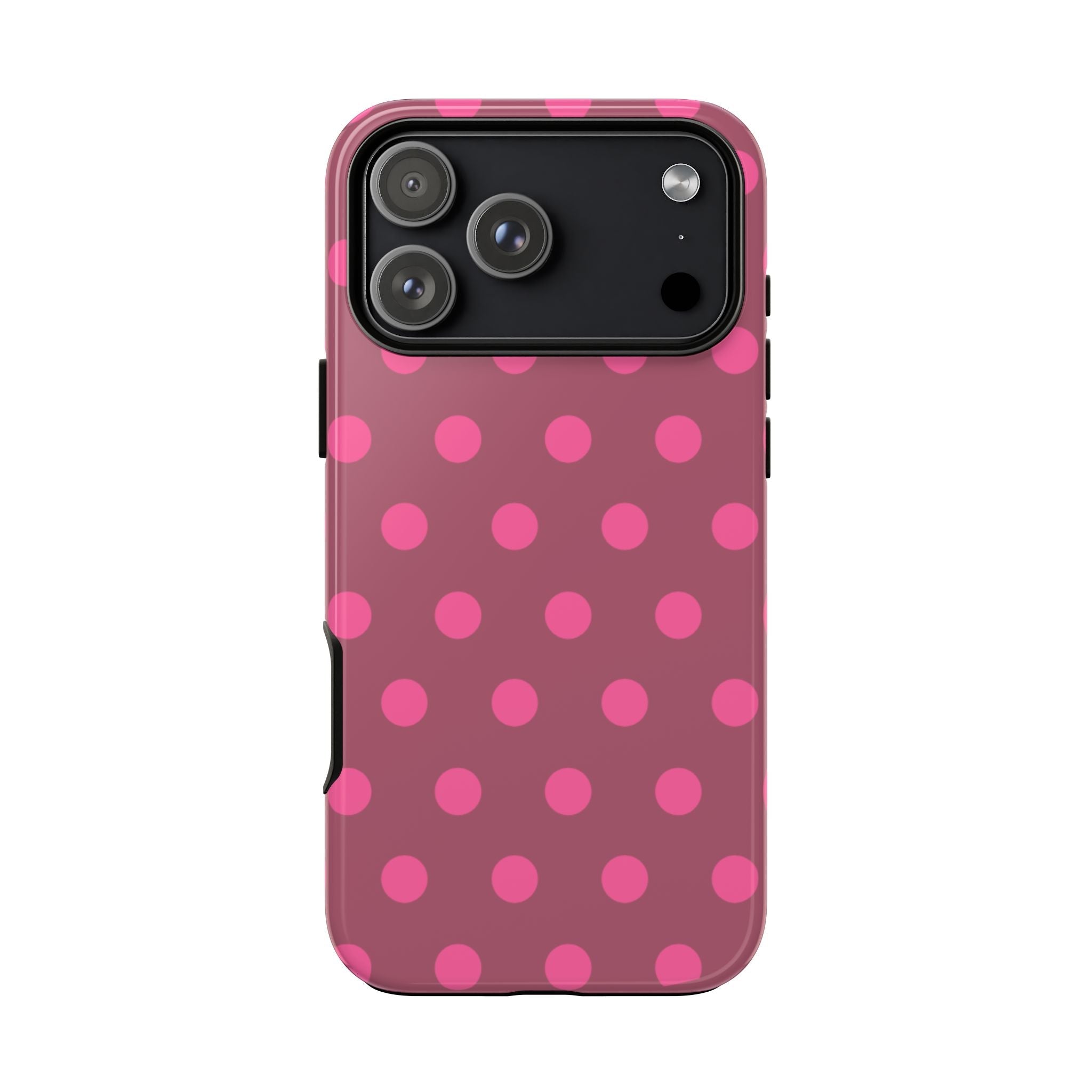 Pink polka dot phone case, black camera module opening on back