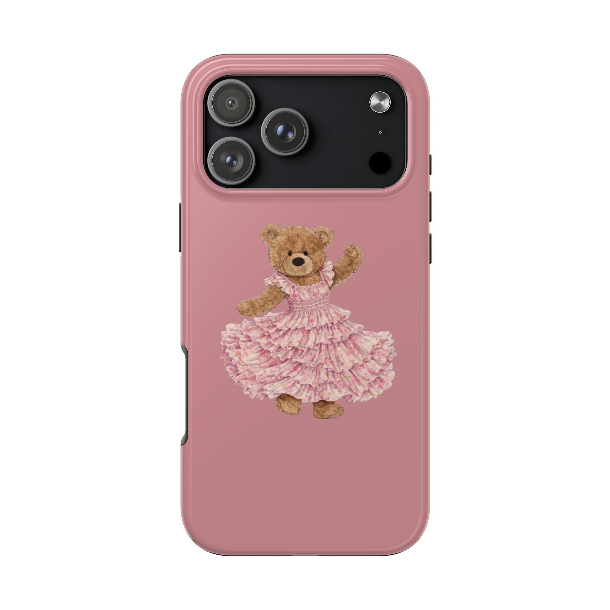 Rose pink phone case with teddy bear ballerina in layered pink ruffles on back