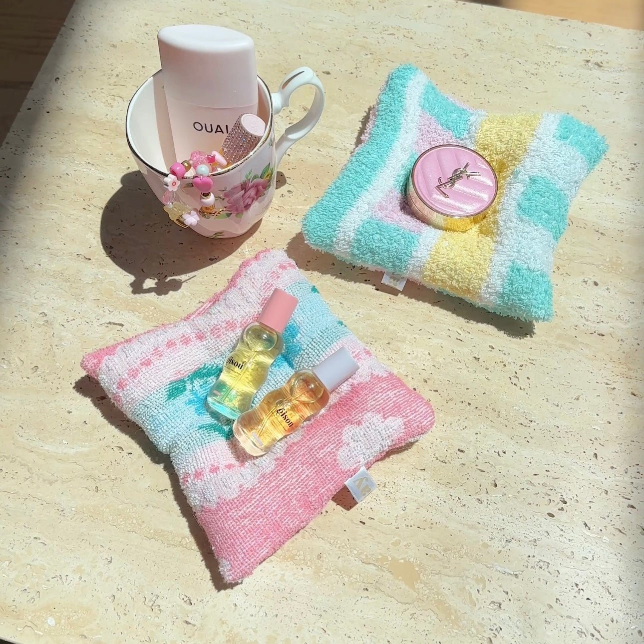 Vintage teddy pink & blue cloud coaster set: pink striped coaster with teal accents