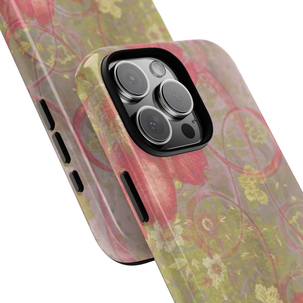 Angled vintage water lily phone case with pink-green floral print and side button cutouts