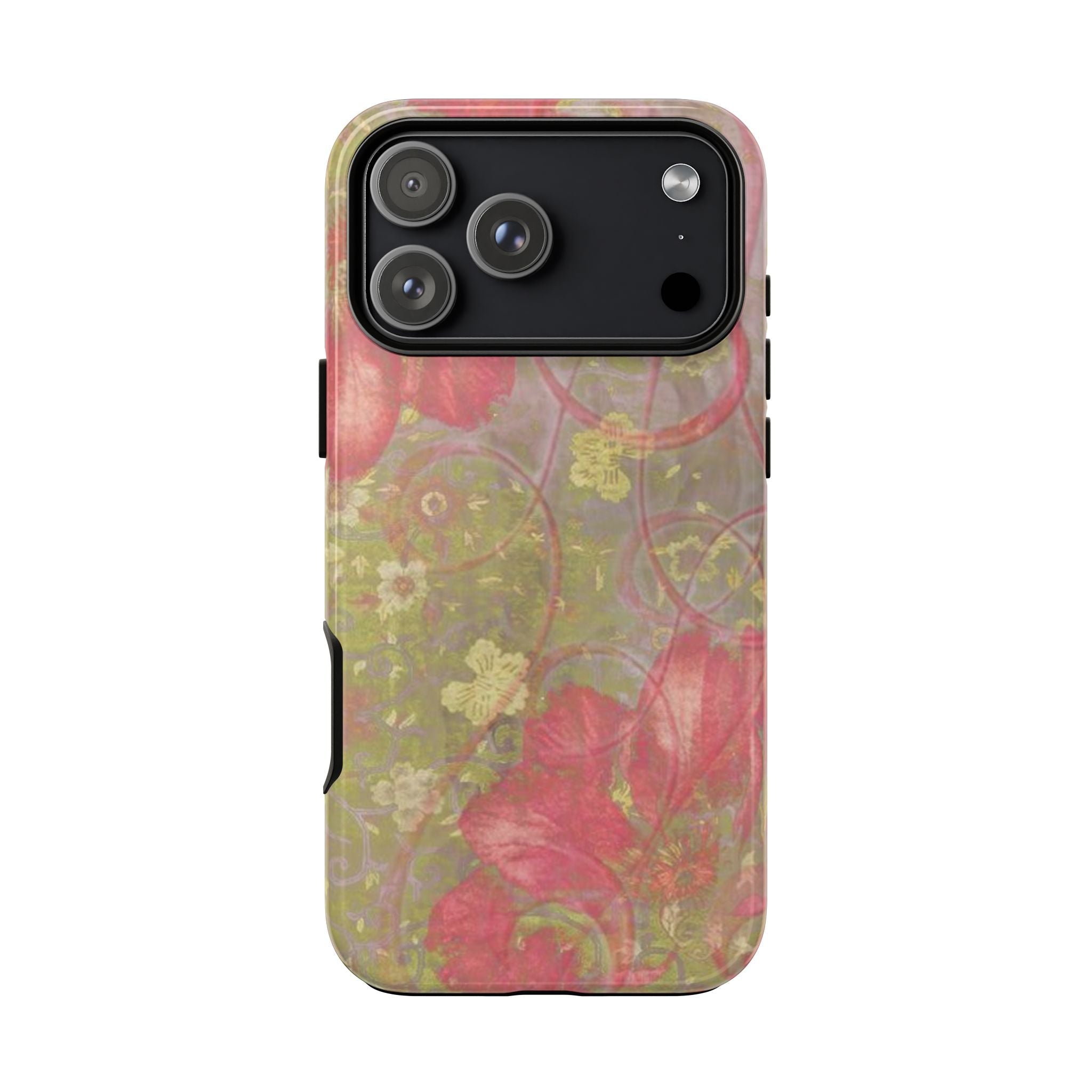 Vintage water lily phone case with pink and green floral pattern, rear camera bump