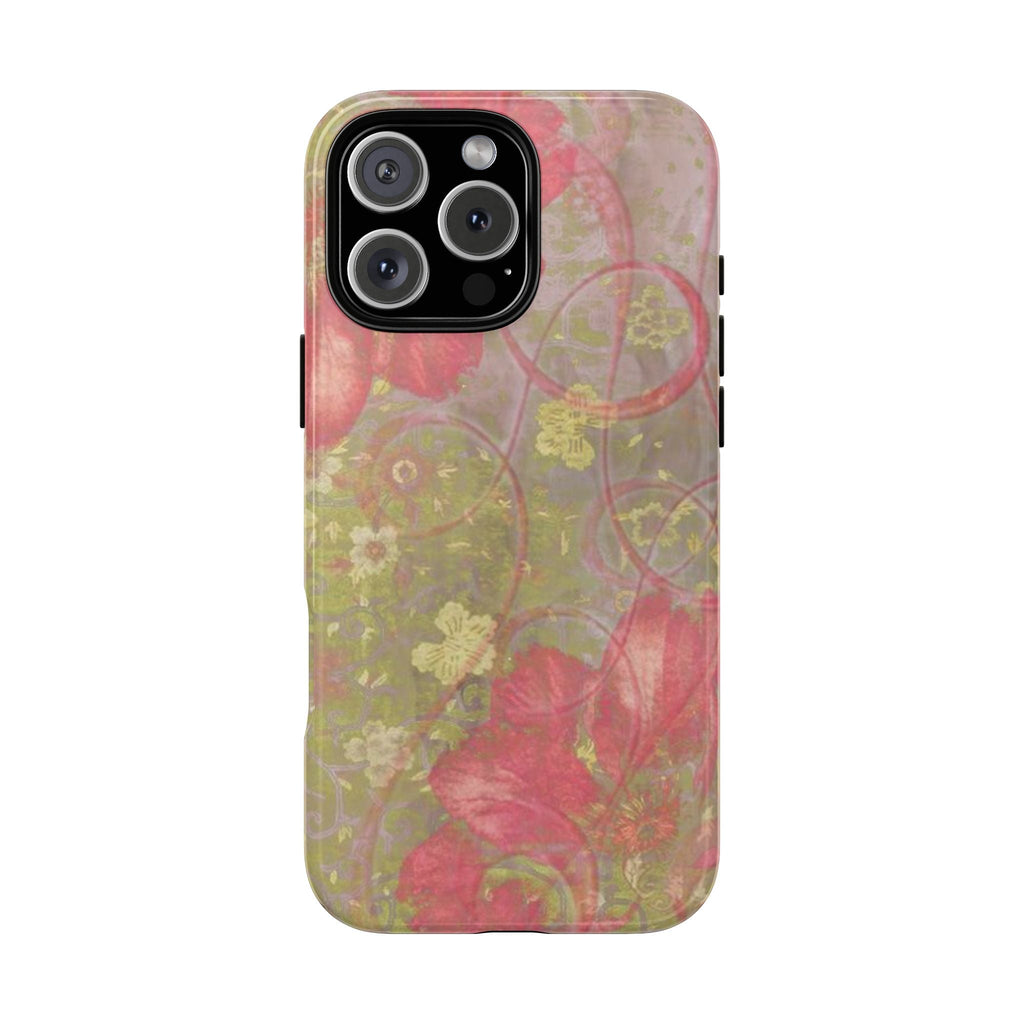 Vintage water lily phone case with pink and green floral pattern, camera cutouts