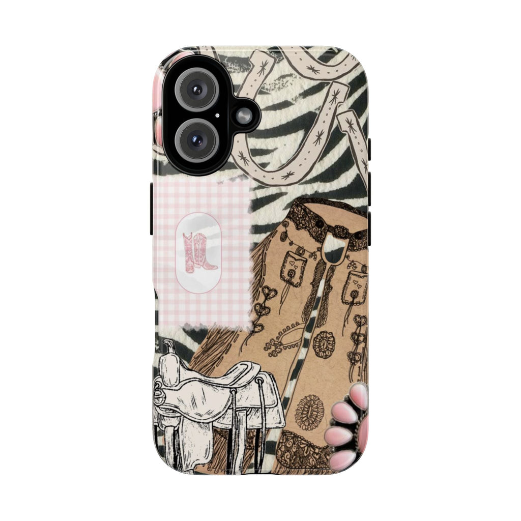 Vintage western phone case with cowboy boot and hat graphic, pink accents, raised camera cutouts