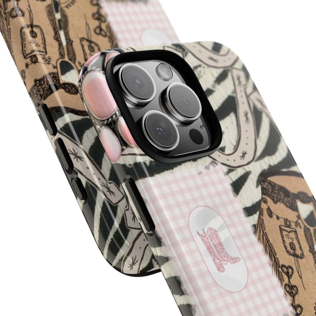 Angle view of vintage western phone case with cowboy pattern and four-lens camera cutout
