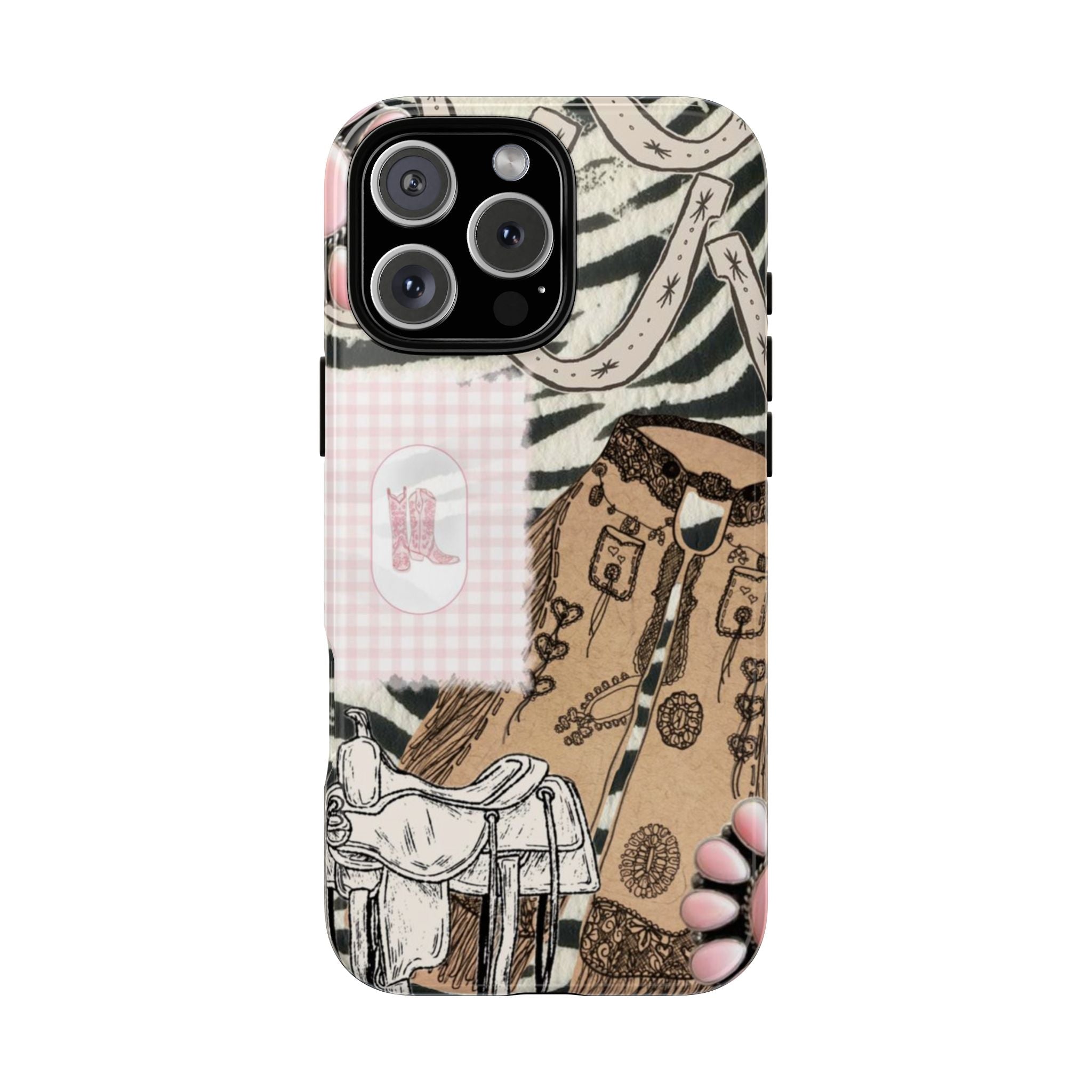 Western country phone case with boots, belts, and hat pattern; camera openings
