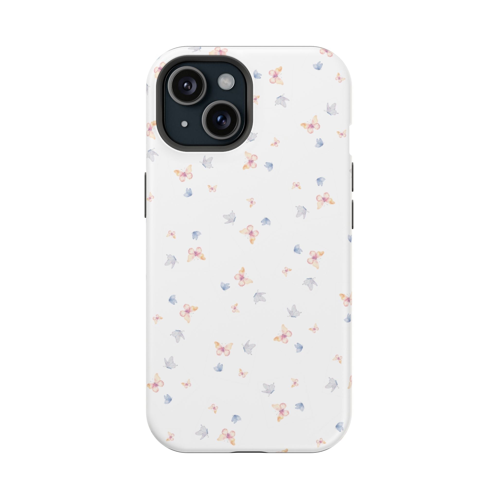 Vintage white phone case with scattered butterflies in pastel pink, blue, and gray