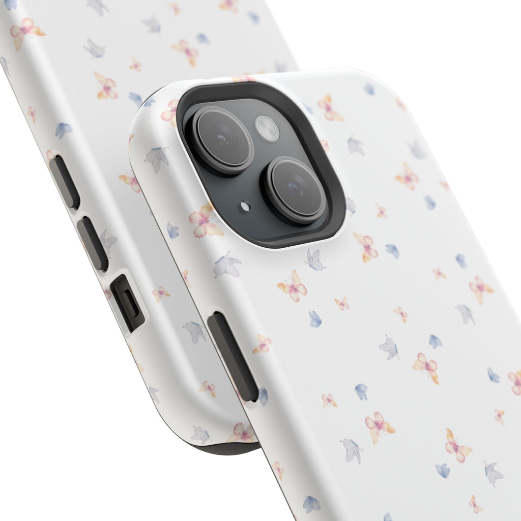 Angled view of vintage white butterfly phone case showing camera cutouts and pastel pattern