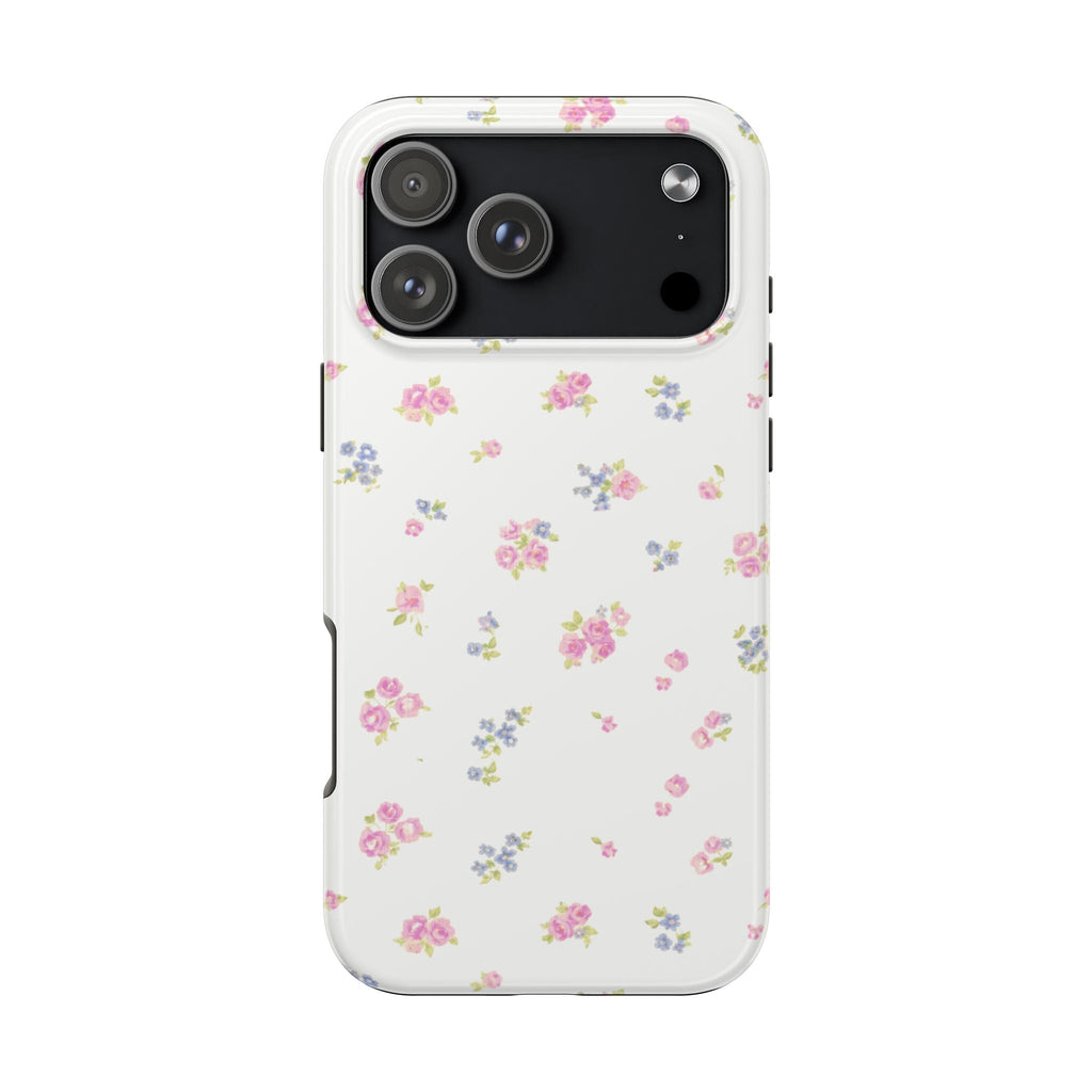 White floral phone case with pink and blue blossom pattern on the back, ports