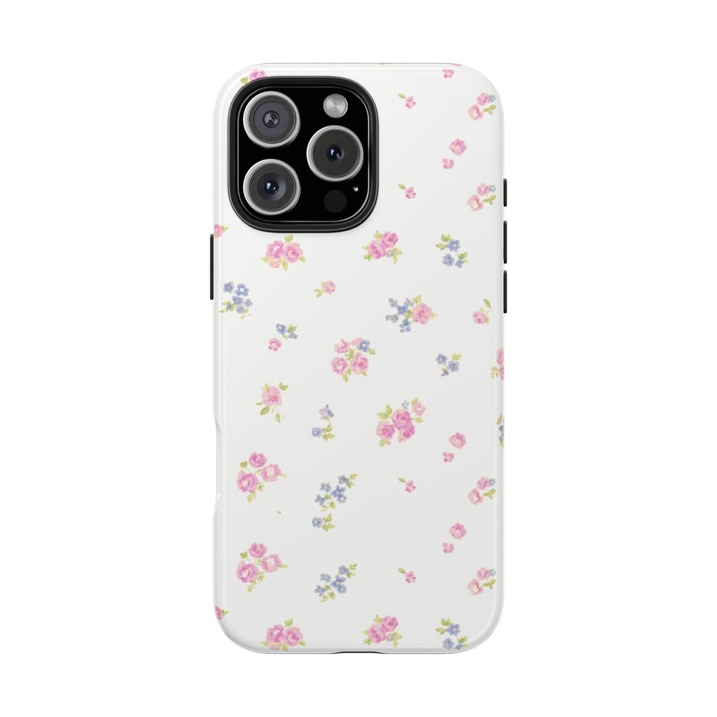 White vintage floral phone case with pink and blue blossoms, camera cutout