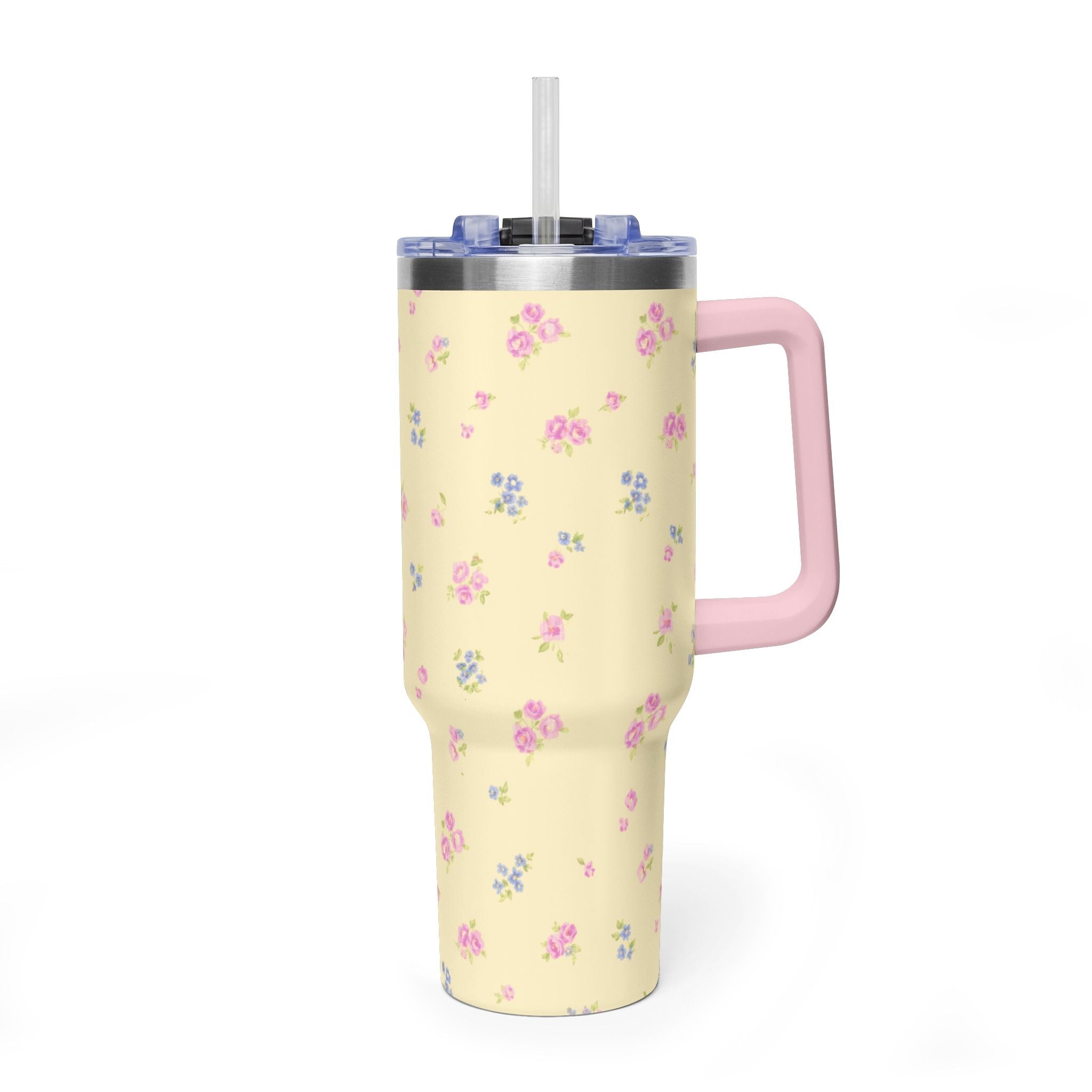 40oz yellow floral stainless steel tumbler with pink handle and clear straw lid