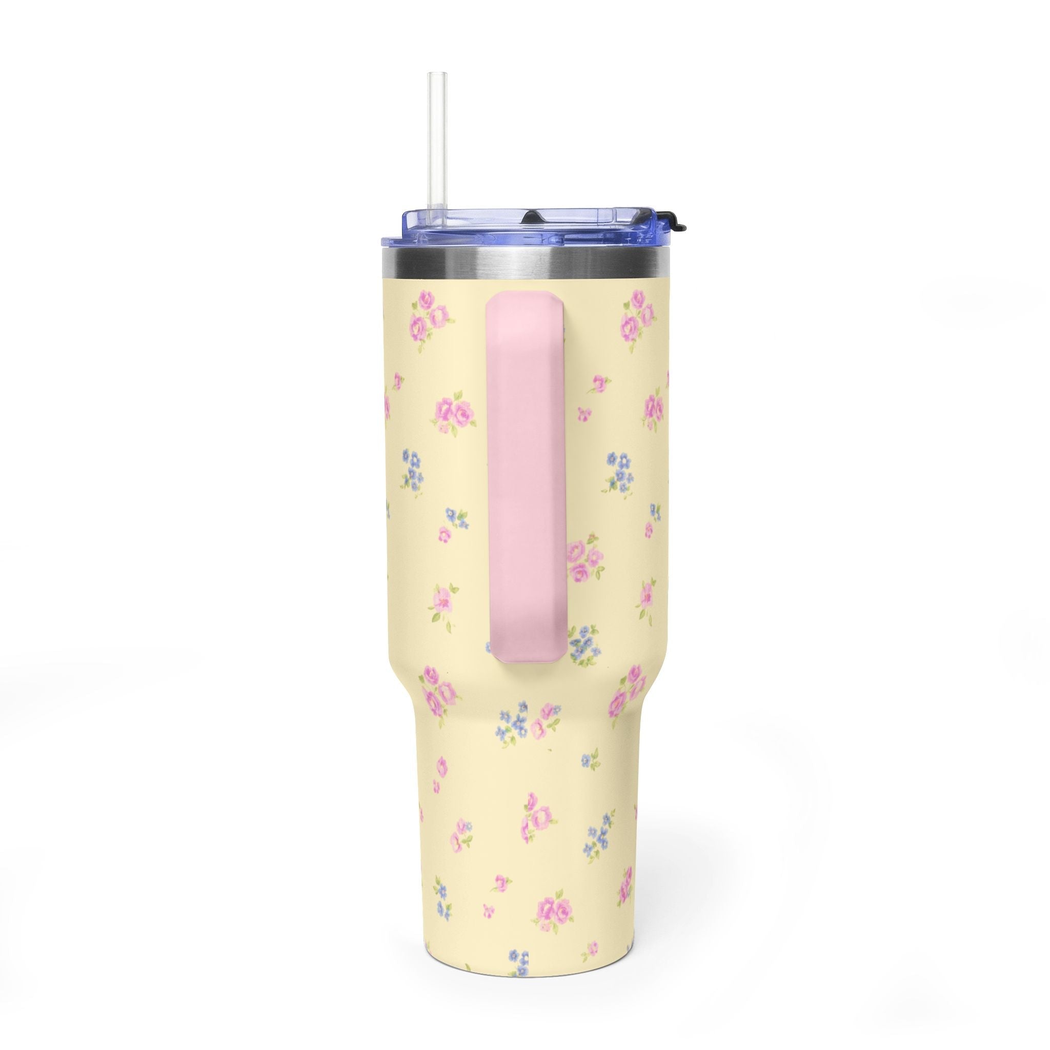 40oz yellow floral tumbler with clear lid and pink handle window cutout