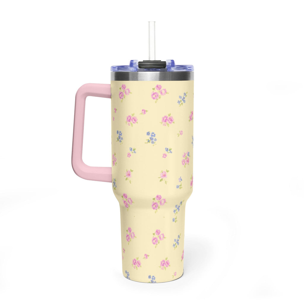 40oz yellow floral stainless tumbler with pink side handle and clear straw top