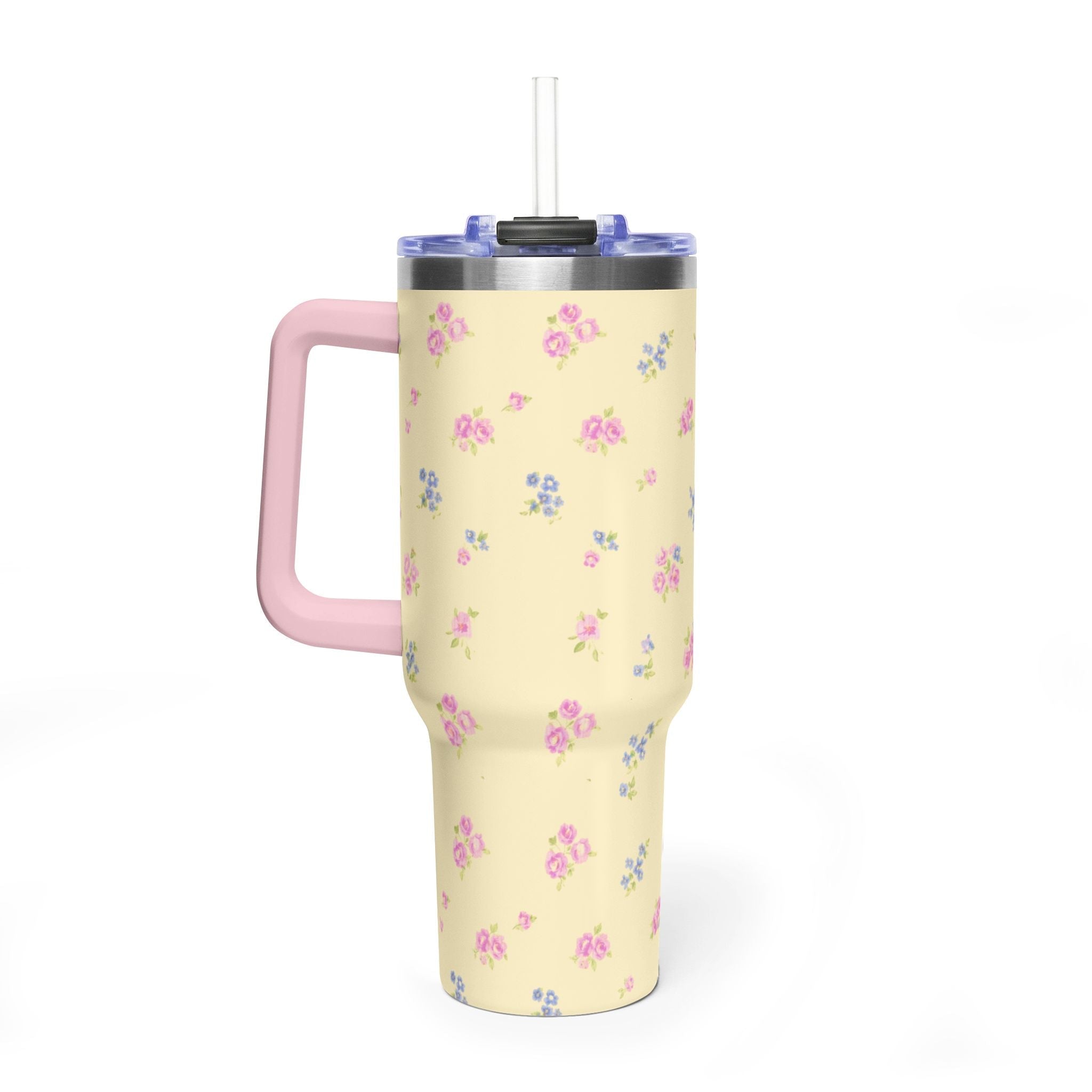40oz yellow floral stainless tumbler with pink side handle and clear straw top
