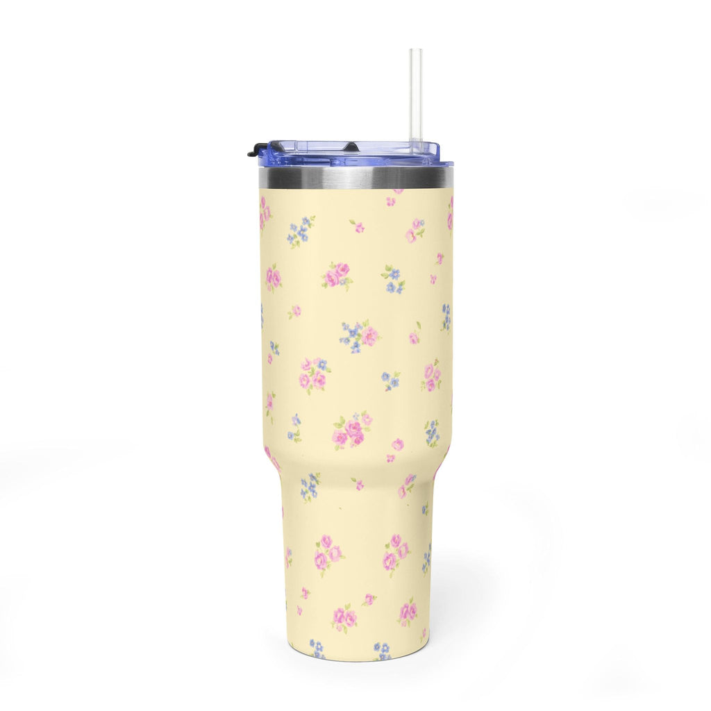 40oz yellow floral stainless steel tumbler with clear straw lid, rear view