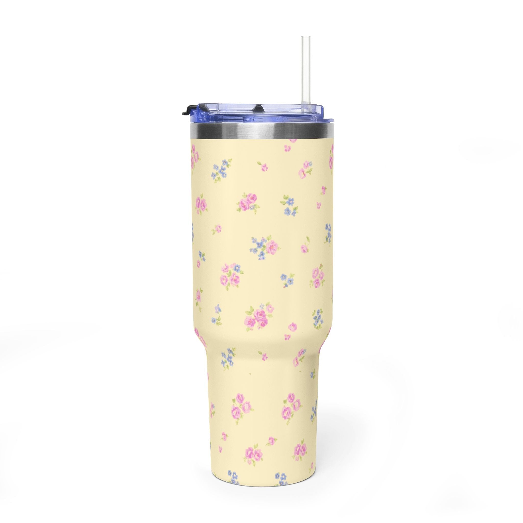 40oz yellow floral stainless steel tumbler with clear straw lid, rear view