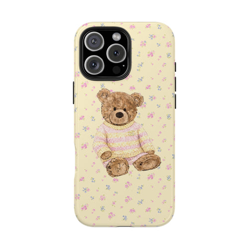 Cream phone case with vintage teddy bear in sweater and small floral pattern