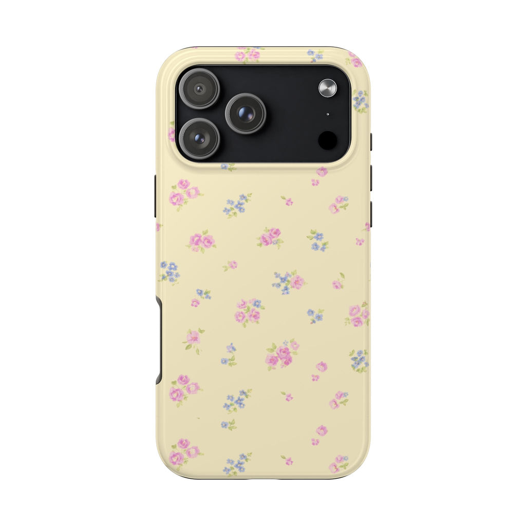 Vintage yellow floral phone case, back view with black camera cutout and pink/blue blossoms